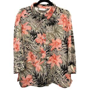 Cathy Che XL Womens Tropical Floral Button-Down Blouse Lightweight Beachy